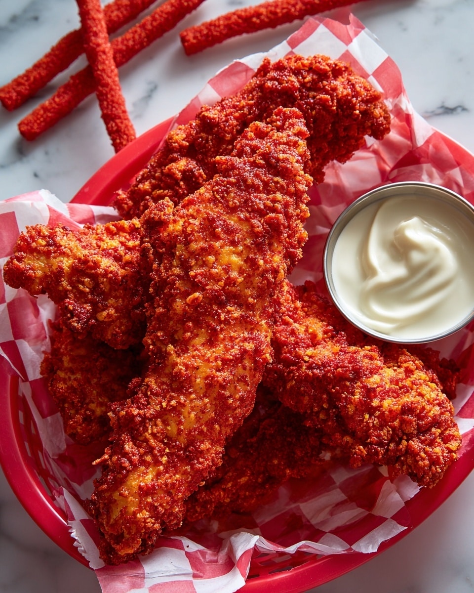 Three bright red crispy chicken tenders with a rough, crunchy texture sit stacked in a red plastic basket lined with red and white checkered paper. A small round cup filled with creamy white ranch dressing is placed in the corner of the basket. Around the basket, bright red crunchy snack sticks are scattered on a white marbled surface. The colors are vibrant, and the textures vary from rough and crunchy on the chicken to smooth and creamy in the dressing. photo taken with an iphone --ar 4:5 --v 7