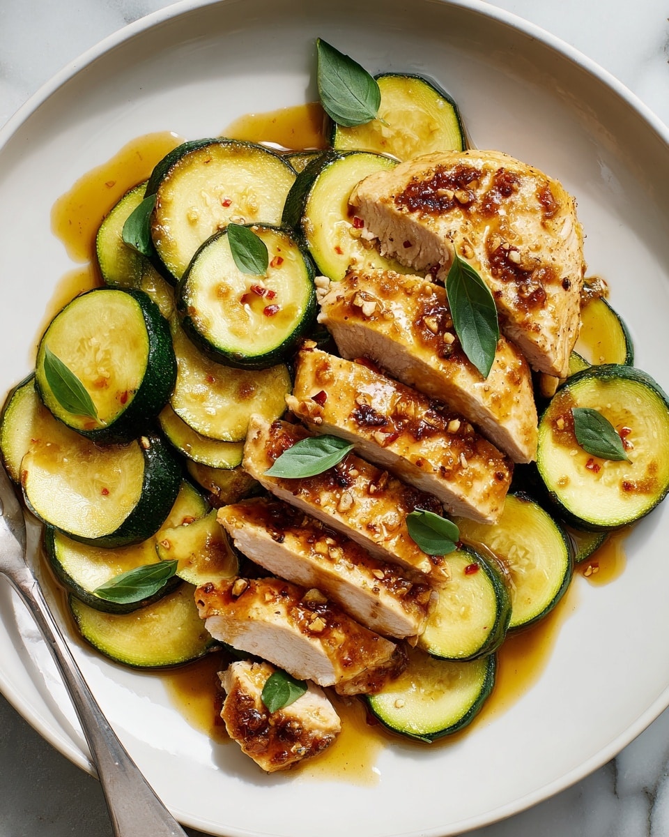 The dish shows sliced grilled chicken breast, golden brown with a shiny glaze and small bits of seasoning on top, layered in the center of a white plate. Surrounding the chicken are thick slices of cooked zucchini, a mix of half-moon and round shapes, with lightly charred edges and a green peel contrasting with the soft yellow inside. A few small green basil leaves are placed on top of the chicken and zucchini. A golden sauce is drizzled unevenly on the dish, adding a glossy look to both the meat and vegetables. The food rests on a white marbled surface, with a silver fork partially visible at the plate’s edge. photo taken with an iphone --ar 4:5 --v 7