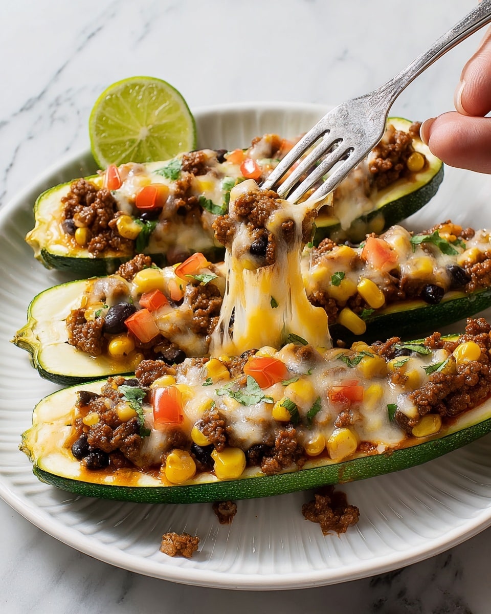 The image shows three zucchini boats on a white plate with ridged edges, placed on a white marbled surface. Each zucchini is split in half lengthwise, revealing three layers inside: the bottom layer is cooked ground beef with a crumbly texture and brown color, the middle layer has yellow corn kernels and some black beans, and the top layer is melted cheese that stretches as a fork lifts one zucchini boat. There are small pieces of diced red tomatoes and chopped green herbs sprinkled on top, along with a lime wedge on the side. The fork is held by a woman's hand, lifting one zucchini boat to show the gooey cheese and filling spilling slightly onto the plate. Photo taken with an iphone --ar 4:5 --v 7