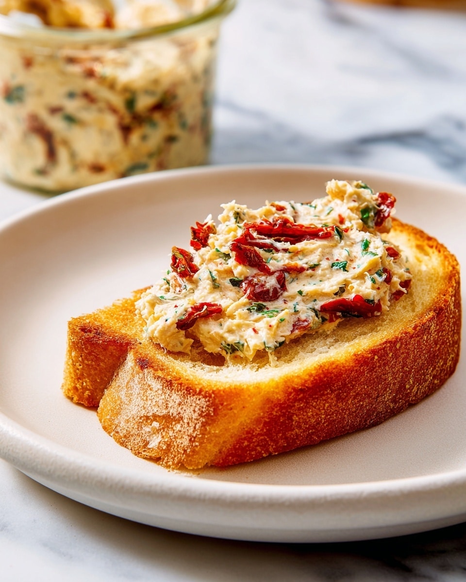 A single slice of toasted bread with a golden brown crust is placed on a white plate. The toast is thick and has a crispy texture with some darker edges. On top, there is one thick layer of creamy spread mixed with small pieces of red sun-dried tomatoes and green herbs, giving it a speckled look. The spread is unevenly spread, with some parts piled higher near the center. In the background, there is a blurry jar filled with more of the same spread, sitting on a white marbled surface. photo taken with an iphone --ar 4:5 --v 7