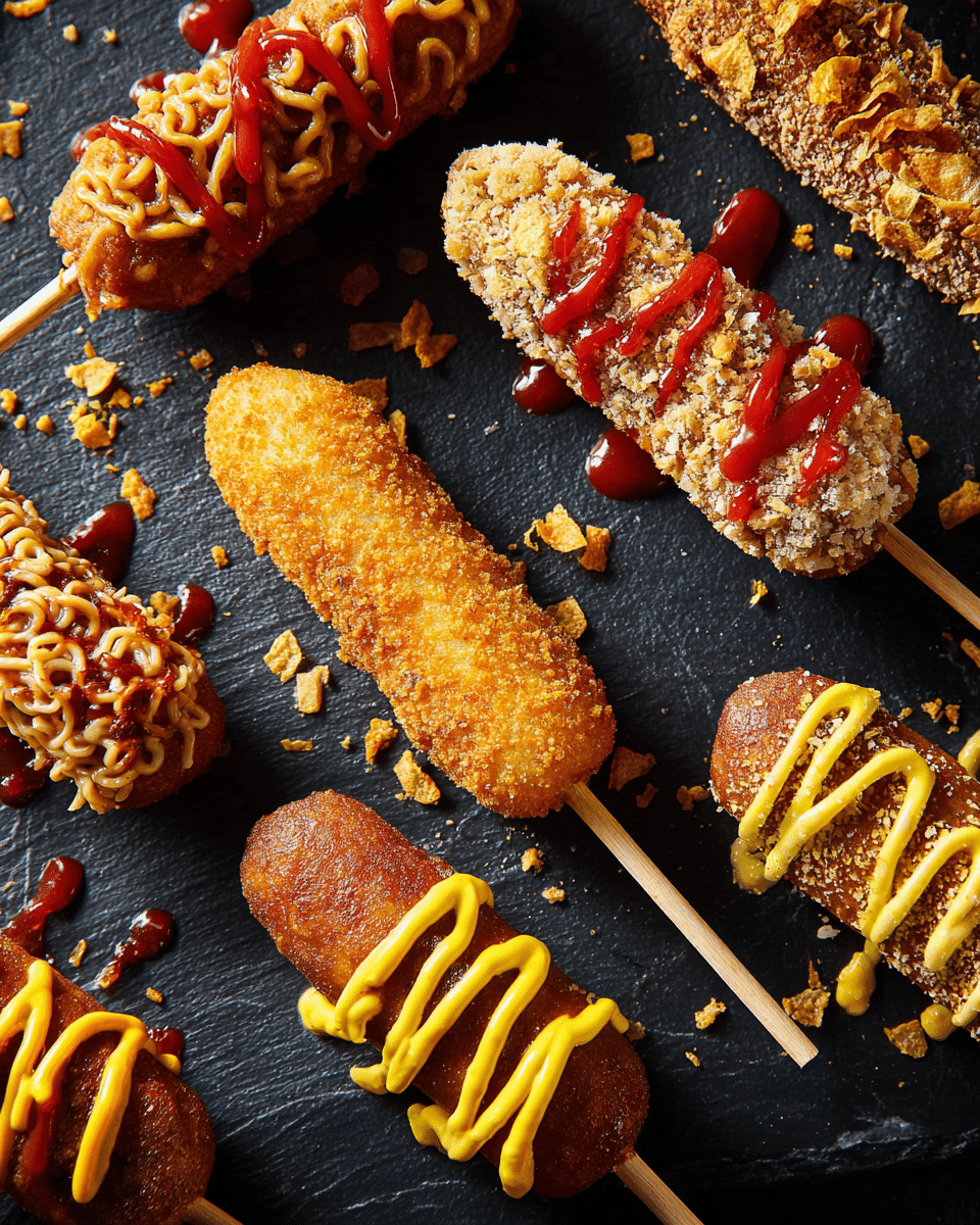 The image shows several fried corn dogs on wooden sticks spread across a dark background with ketchup and mustard drizzled nearby. One corn dog is covered with small, golden French fry pieces, making a rough, chunky surface. Another is evenly coated with a light golden breadcrumb crust, smooth but textured. There is another corn dog covered with crushed crispy flakes, with bright red ketchup drizzled in thick lines on top. One more corn dog is coated with crushed ramen noodles, topped with thick zap of both yellow mustard and red ketchup. The sticks are thin brown wood, with some mustard and ketchup swirls close by on the dark surface. photo taken with an iphone --ar 4:5 --v 7