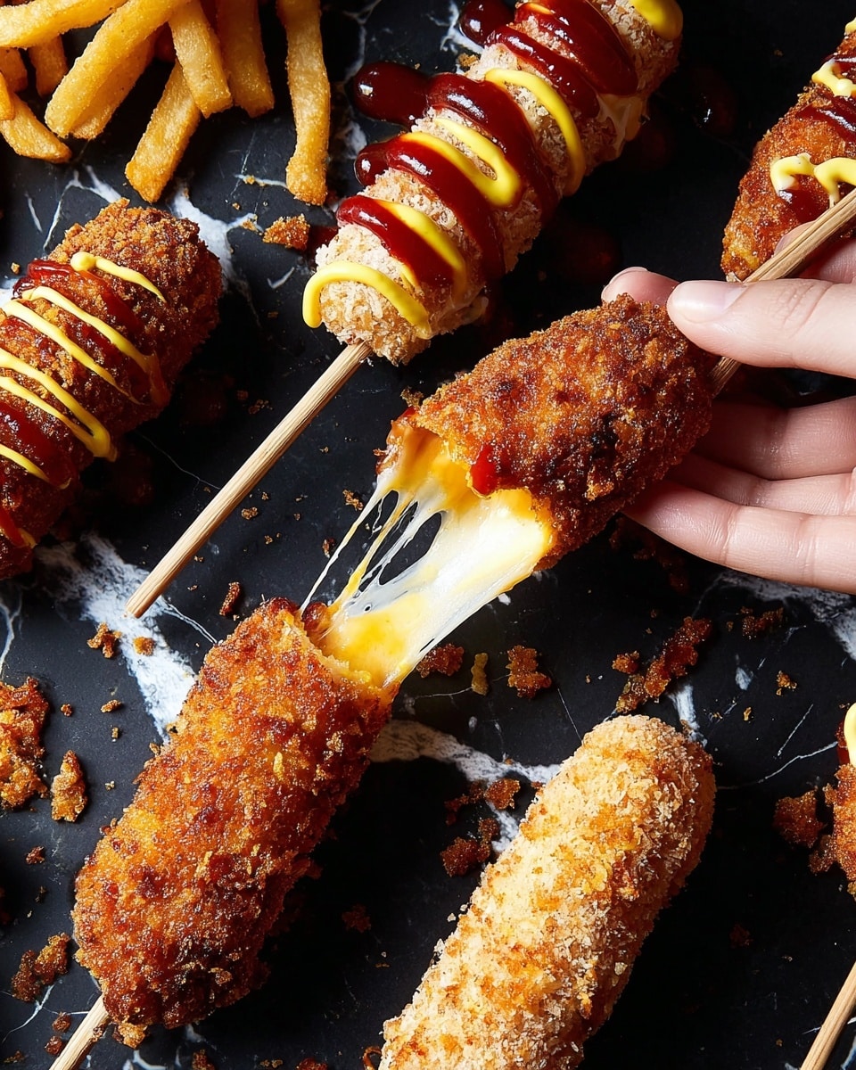 The image shows several fried skewers on a black surface with a white marbled texture. One skewer is featured in the center with a golden brown, crispy coating and melted cheese stretching from it as a woman's hand pulls the skewer apart. Another skewer at the top has a lighter breaded layer drizzled with both bright yellow mustard and deep red ketchup in thin lines. Additional skewers are seen around, including one with a rough, lighter coating on the right, and a few others with a darker fried texture topped with ketchup drizzles. There are some scattered crumbs and a few fries in the upper left corner. photo taken with an iphone --ar 4:5 --v 7
