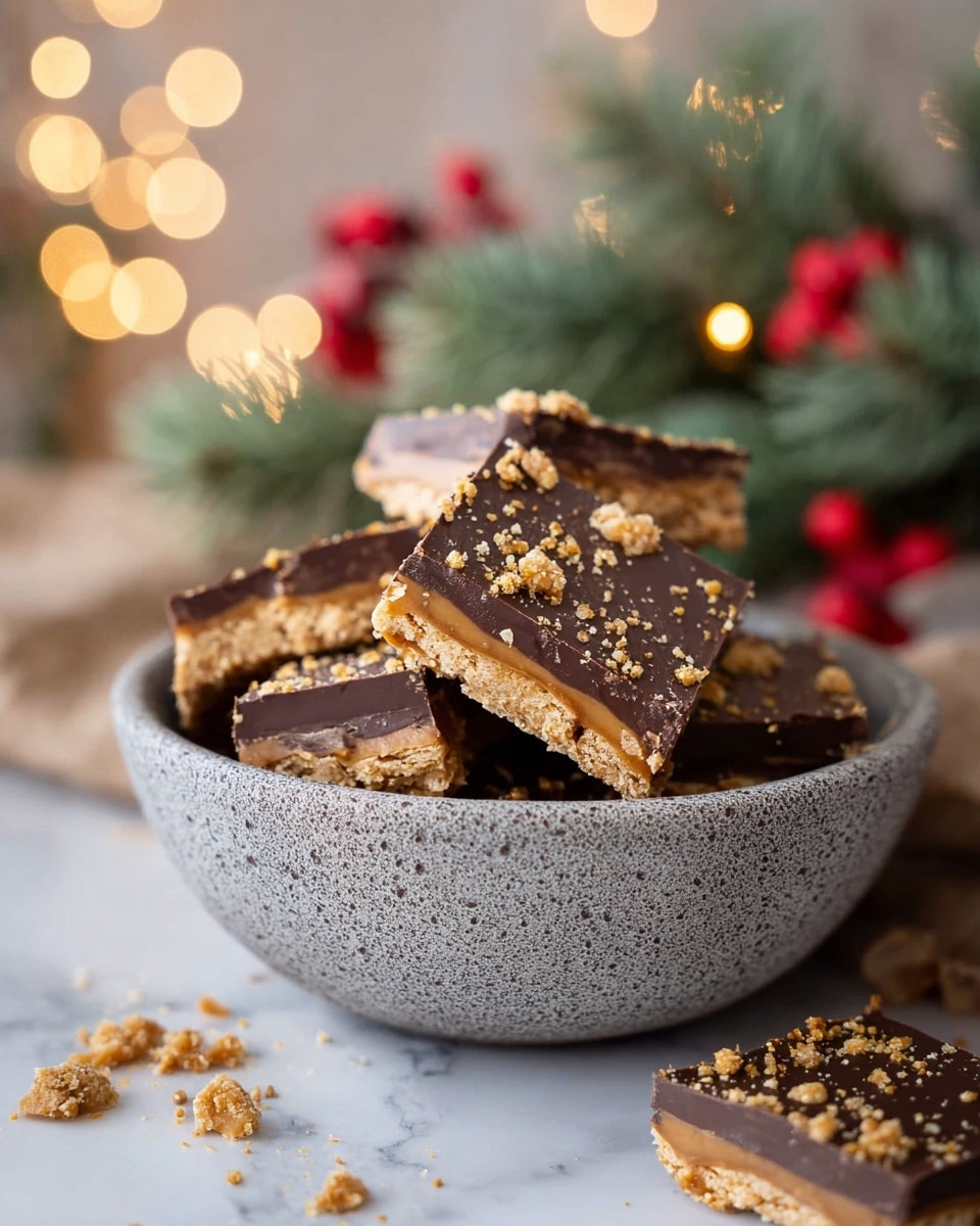 A bowl filled with several square pieces of chocolate toffee bars, each piece showing three visible layers: a smooth dark chocolate top layer sprinkled with golden toffee crumbs, a middle light caramel layer, and a bottom crunchy beige biscuit layer. The bars are stacked unevenly in a gray speckled bowl. Some toffee crumbs are scattered on the white marbled surface around the bowl. In the background, soft glowing lights and blurred green pine branches with red berries add a warm, festive feel. Photo taken with an iphone --ar 4:5 --v 7
