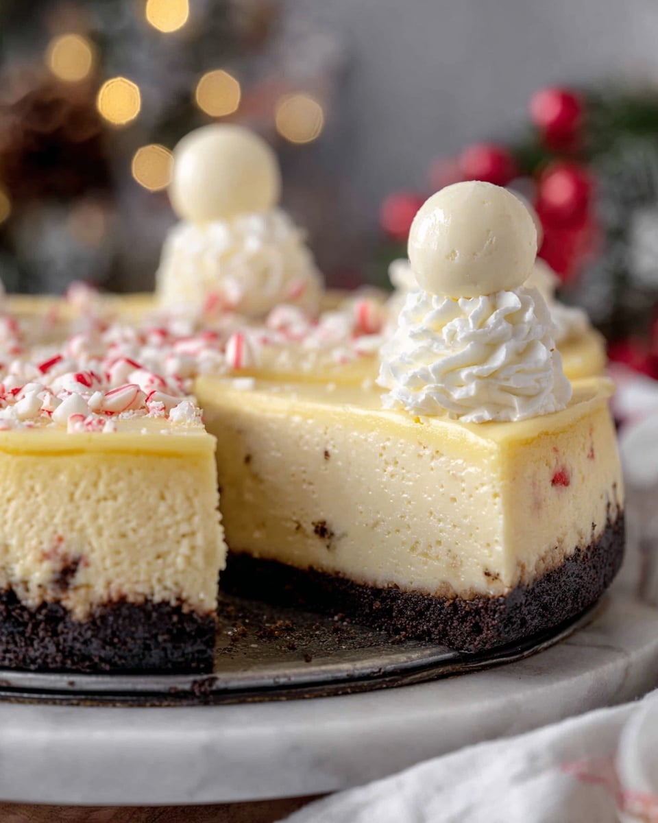 A close-up of a three-layer cheesecake with one slice removed, showing a dark chocolate crumb crust at the bottom, a thick creamy beige middle cheesecake layer, and a smooth pale yellow topping layer. On top, there are two white swirls of whipped cream, each topped with a round white chocolate ball, and small pieces of crushed red and white candy scattered over the yellow top. The cheesecake sits on a metal pan placed on a white marbled surface, with blurred festive holiday decorations in the soft background. Photo taken with an iphone --ar 4:5 --v 7