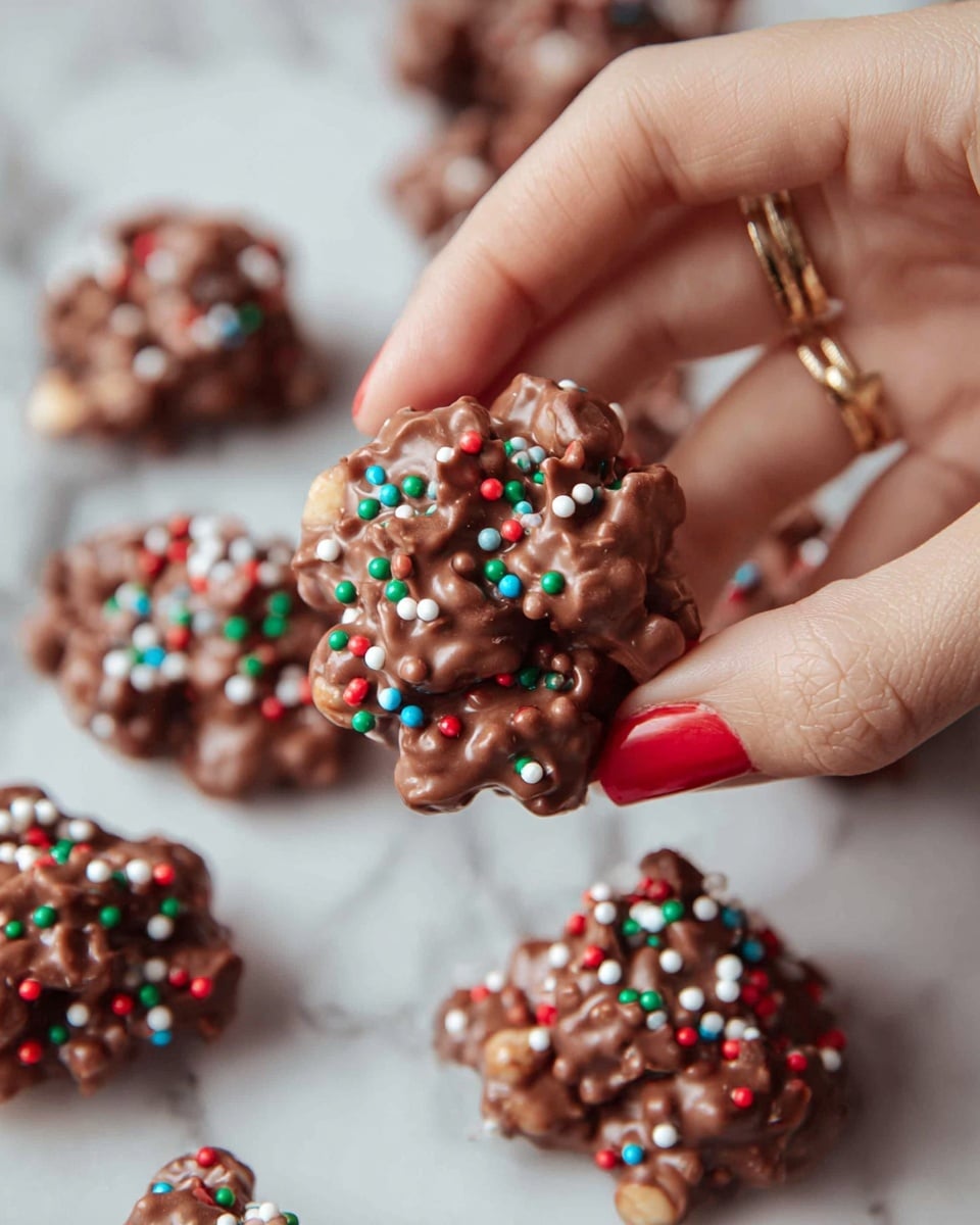A close-up photo shows a woman's hand holding a small chocolate cluster candy covered with colorful round sprinkles in red, green, white, and blue. The chocolate clusters are rough and bumpy with visible nut or candy bits inside the chocolate, giving it a textured look. More of these chocolate clusters are scattered and out of focus on a white marbled surface in the background. The woman's nails are painted red, and she is wearing a shiny gold ring on the finger. Photo taken with an iphone --ar 4:5 --v 7