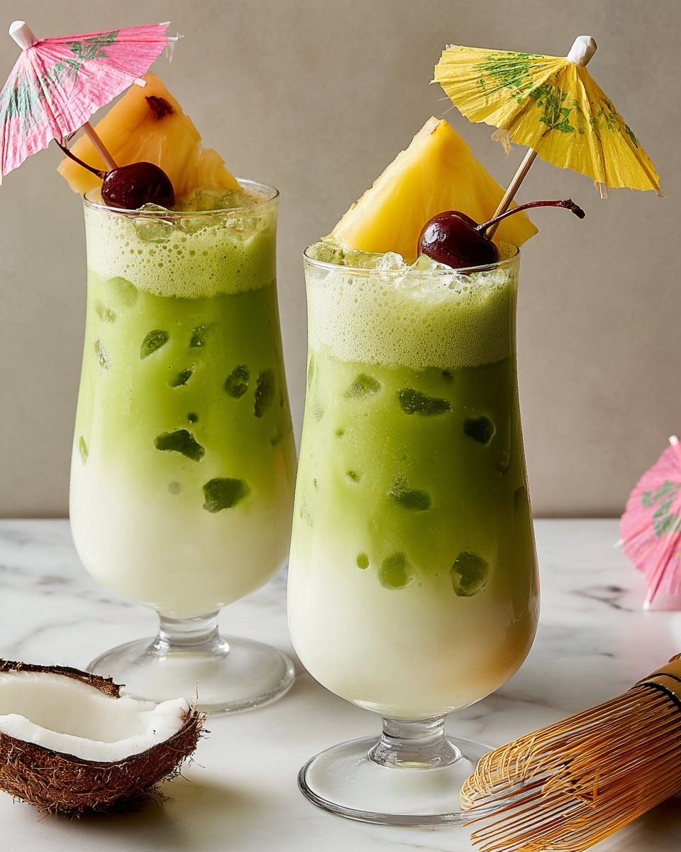 Two tall, clear glasses filled with a two-layered drink sit on a white marbled surface. The bottom layer is creamy white, smooth and thick, while the top layer is a rich green with a slightly frothy texture and small ice cubes visible. Each glass is garnished with a triangular yellow pineapple slice and a dark red cherry on top. One glass has a pink paper umbrella sticking out, and the other has a yellow paper umbrella. Some pieces of coconut shell and a bamboo whisk rest near the glasses. Photo taken with an iphone --ar 4:5 --v 7