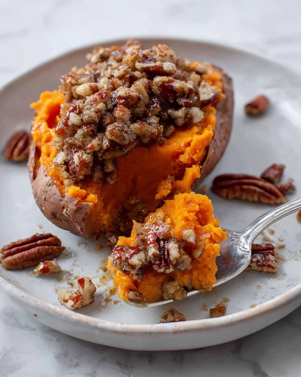 The image shows a baked sweet potato cut in half and filled with two visible layers: the bottom layer is smooth, mashed, bright orange sweet potato flesh, and the top layer is a chunky brown pecan topping with a slightly glossy syrup glaze. The sweet potato skin is brown and slightly wrinkled around the edges. The dish sits on a white round plate with a few scattered pecans and crumbs. A silver spoon rests inside the sweet potato, scooping some of the filling. The plate is on a white marbled surface. photo taken with an iphone --ar 4:5 --v 7