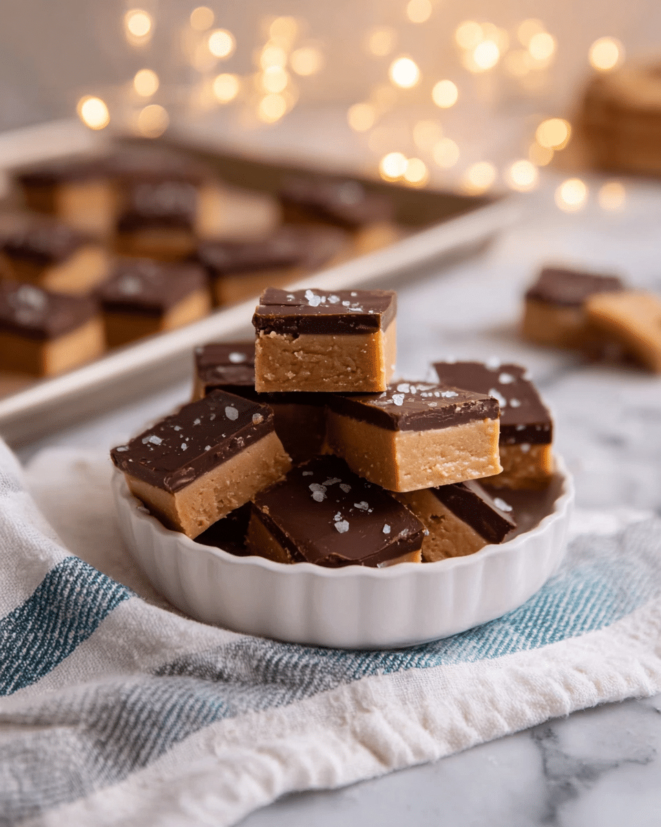 The image shows a white ceramic dish filled with square-shaped treats, each having two layers. The bottom layer is thick, light brown, and looks smooth like peanut butter fudge. The top layer is thinner, dark brown, glossy, and looks like chocolate. Some pieces have small grains of sea salt sprinkled on top, adding a touch of texture. In the background, more of these squares are neatly arranged on a baking tray. The scene is set on a white marbled surface with a soft white cloth with blue stripes beside the dish, and warm blurry fairy lights in the background add a cozy feel. Photo taken with an iphone --ar 4:5 --v 7