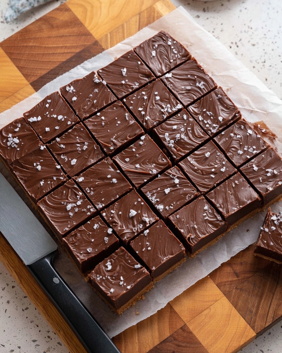 The image shows a square batch of chocolate fudge cut into 36 small, even squares arranged in a 6 by 6 grid. The fudge has a thick, smooth, glossy dark brown top layer with slight swirling texture and is sprinkled with flakes of coarse sea salt. Beneath the chocolate layer, there is a thinner, slightly lighter brown base layer. The fudge sits on white parchment paper on top of a wooden checkered cutting board with alternating light and dark wood squares. A large knife with a black handle rests to the left side underneath some pieces of fudge. The photo is taken from above, showing all details clearly on a white marbled textured surface. photo taken with an iphone --ar 4:5 --v 7