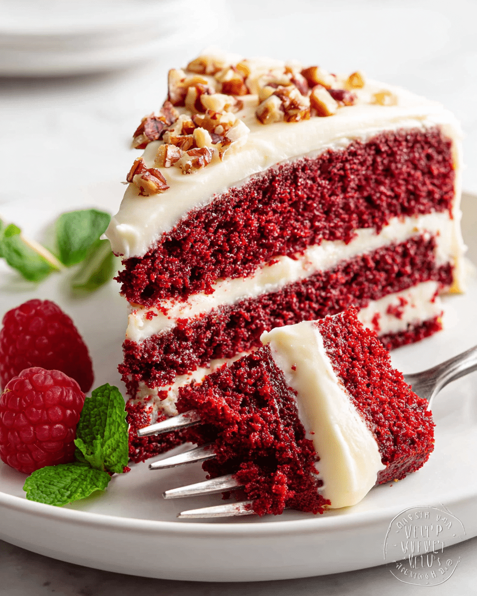 A slice of red velvet cake with two thick deep red sponge layers separated by a creamy white frosting layer sits on a white plate with a white marbled texture surface. The top is covered with smooth white icing topped with small pieces of chopped nuts. A fork at the front holds a forkful of cake showing the cake's soft crumb texture with frosting on the edge. Two fresh raspberries and a green mint leaf are placed beside the cake on the plate, adding a touch of color. The photo taken with an iphone --ar 4:5 --v 7