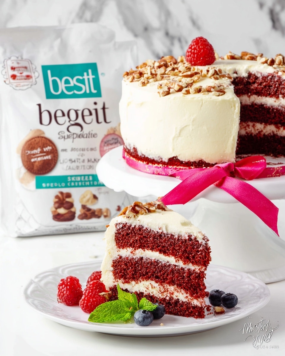 The image shows a two-layer red velvet cake with thick white frosting between and around the layers. The cake is decorated on top with chopped nuts and a single whole raspberry. A slice of the cake is on a white plate in the foreground, revealing the rich red layers and creamy white frosting inside. The plate is garnished with a fresh raspberry, a blueberry, and a green mint leaf. The cake stand is white with a pink ribbon tied around it. The background has a white marbled texture and a blurred white package labeled 