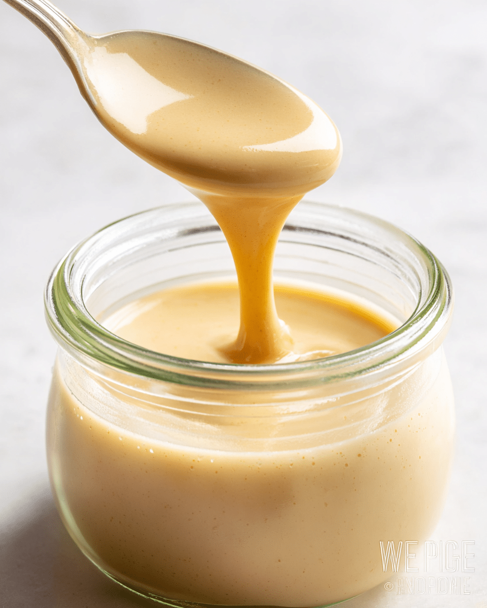A close-up view of a small clear glass jar filled with thick, smooth, creamy, light beige sauce or dressing. A spoon above the jar holds the same sauce with a glossy texture, slowly dripping back into the jar, showing the sauce's rich thickness and subtle shine. The background is softly blurred with a white marbled texture. photo taken with an iphone --ar 4:5 --v 7