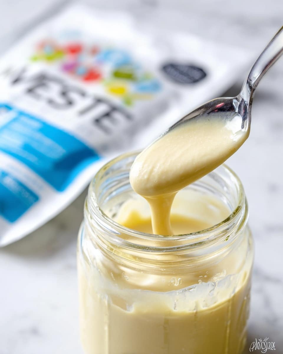 A clear glass jar filled with a smooth, pale yellow creamy sauce or dressing, with some thicker texture visible near the bottom; a shiny silver spoon dipped into the jar, lifting some of the sauce with a glossy, thick dripping effect. The background shows a blurry white and blue packet with some text and small colorful images, all placed on a white marbled surface. photo taken with an iphone --ar 4:5 --v 7