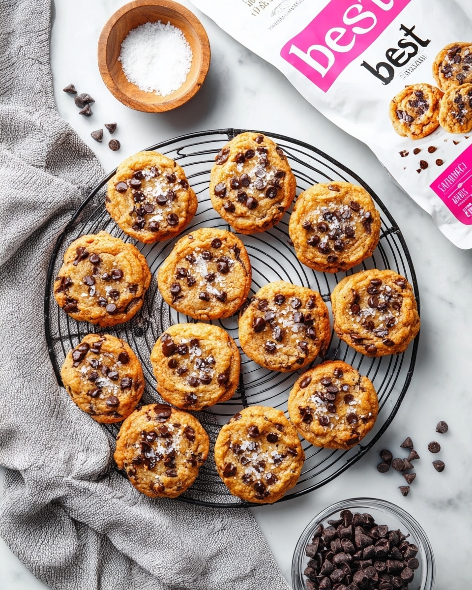 A round black cooling rack holding eleven golden brown cookies with scattered dark chocolate chips and a sprinkle of coarse white sea salt on top, placed on a white marbled textured surface. Near the top right corner, there is a white bag with pink and black text partially visible, showing the word 