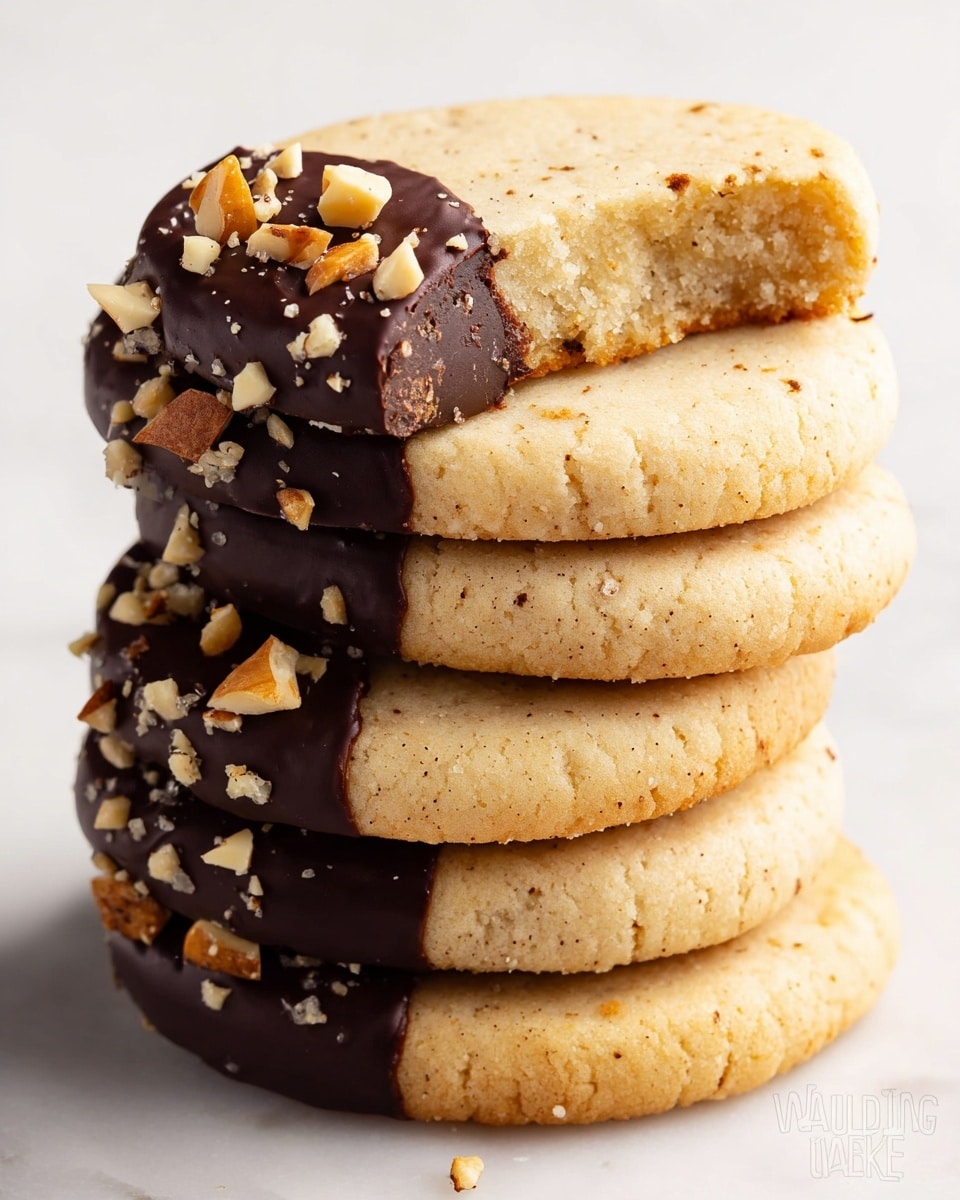 A stack of five round, pale golden cookies is shown with the top side of each cookie halfway dipped in dark, shiny chocolate. The chocolate part of each cookie is sprinkled with rough, small chunks of light brown nuts. The bottom cookie lies flat on a white marbled surface, while the others are stacked unevenly on top, showing the texture of the soft cookies with slight cracks and holes. One cookie leans against the stack, highlighting the contrast between the light cookie and the rich dark chocolate with nuts on half its top side. Photo taken with an iphone --ar 4:5 --v 7
