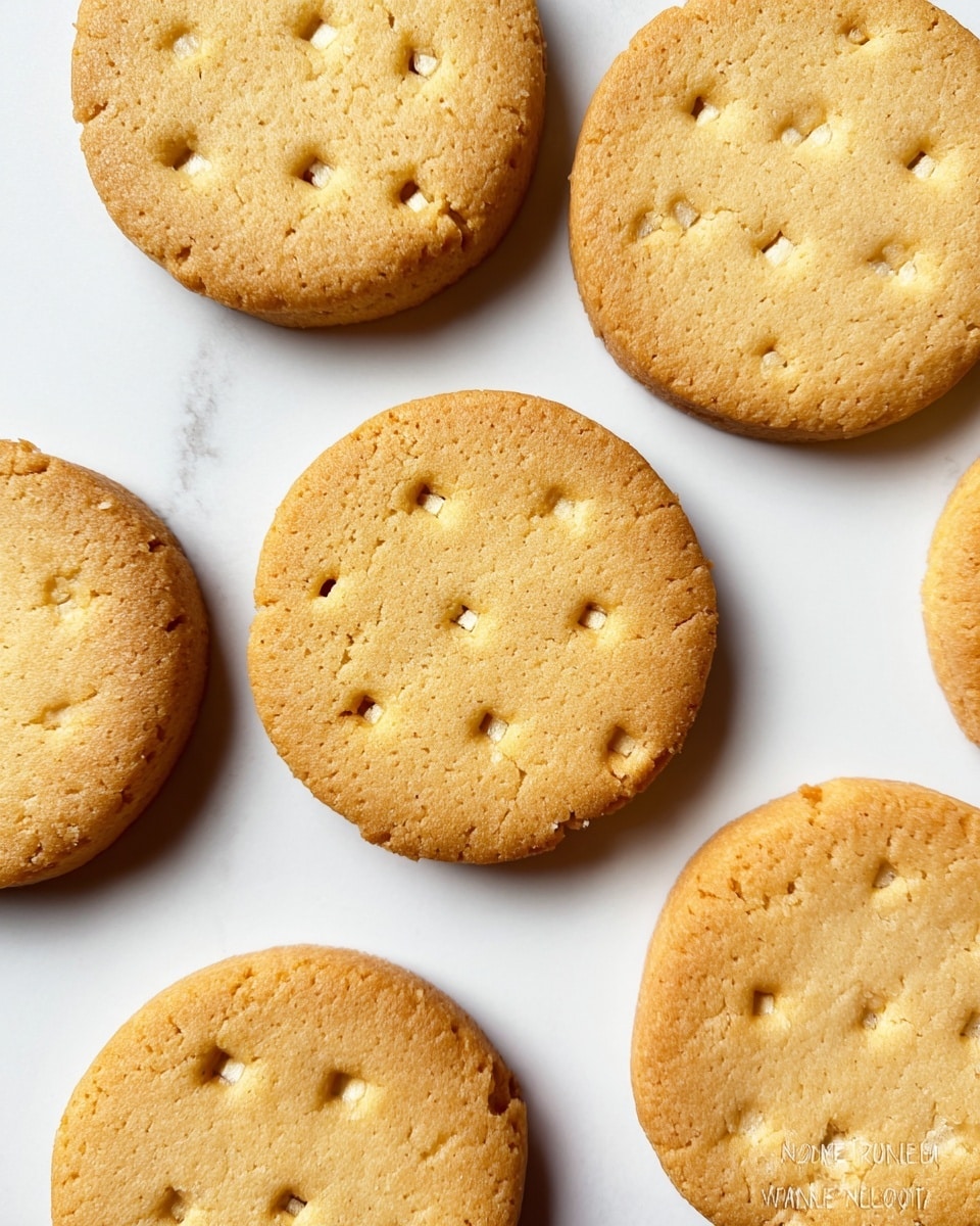The image shows several light golden brown cookies with a slightly crumbly texture spread out on a white marbled surface. Each cookie is round and has small square holes arranged in neat lines on the top surface. The cookies have a soft, buttery look with slight cracks and irregular edges, indicating a freshly baked homemade style. Photo taken with an iphone --ar 4:5 --v 7