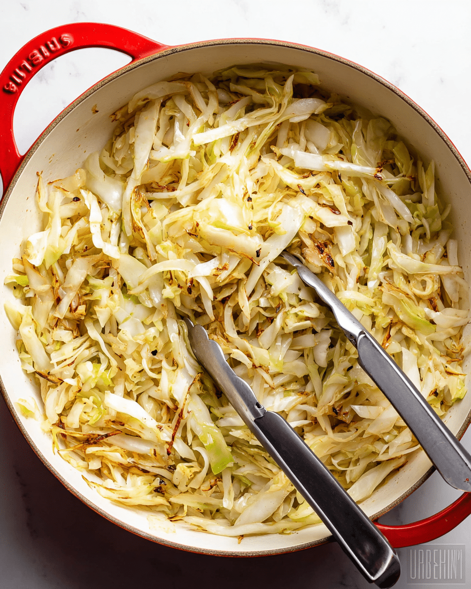 A large red pot with a creamy white inside is filled with cooked shredded cabbage that has a light golden-brown color with some pieces having a slight crisp. The cabbage strands vary in texture, some soft and others slightly charred. Two silver tongs with black tips rest within the cabbage, one placed diagonally across the top and the other angling from the side. The pot sits on a white marbled surface, giving a clean and bright background to the dish. photo taken with an iphone --ar 4:5 --v 7