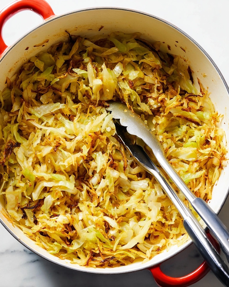 A close-up view of a white enamel pot with a red handle filled with cooked shredded cabbage. The cabbage has a mix of light yellow, pale green, and golden-brown colors, showing some caramelized crispy bits and soft textures. A pair of metal tongs with black silicone tips is resting inside the pot, slightly lifting some cabbage strands. The pot is placed on a white marbled surface, and the image captures a warm, cooked meal look. photo taken with an iphone --ar 4:5 --v 7