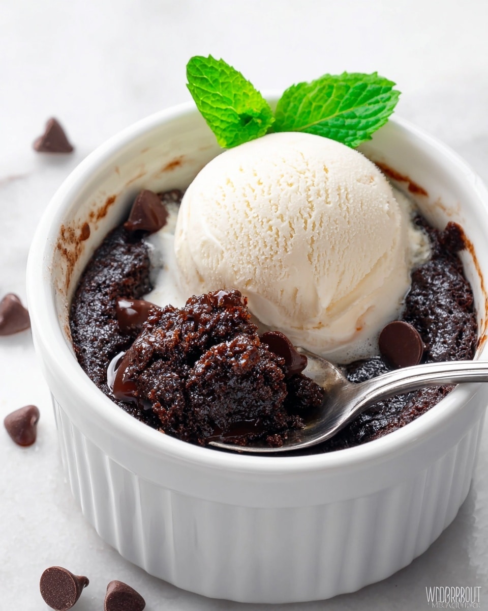 A white ceramic ramekin filled with a warm, dark chocolate cake layer that looks moist and dense, topped with shiny dark chocolate chips scattered on the surface. On top of the cake sits a smooth, round scoop of pale cream-colored vanilla ice cream with tiny brown vanilla flecks, slightly melting around the edges. A fresh bright green mint leaf rests next to the ice cream for a pop of color. A silver spoon scoops into the cake, lifting a chunk covered with melted chocolate chips. The ramekin sits on a white marbled surface, with extra chocolate chips scattered around. photo taken with an iphone --ar 4:5 --v 7
