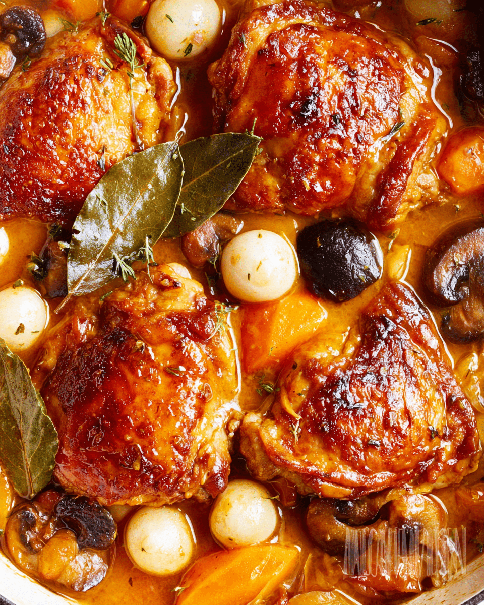 This close-up image shows three browned chicken thighs with a crispy, reddish-brown skin, partially covered in a thick golden-orange sauce. Scattered around and on top of the chicken are small, whole, white pearl onions, dark brown sliced mushrooms, and thick-cut chunks of orange carrots. A few whole dried bay leaves are visible among the ingredients. The dish appears to be cooked together with the sauce pooling slightly around the ingredients. The texture is glossy and rich, showing the moistness of the sauce and the cooked vegetables. The background is a white marbled texture. photo taken with an iphone --ar 4:5 --v 7