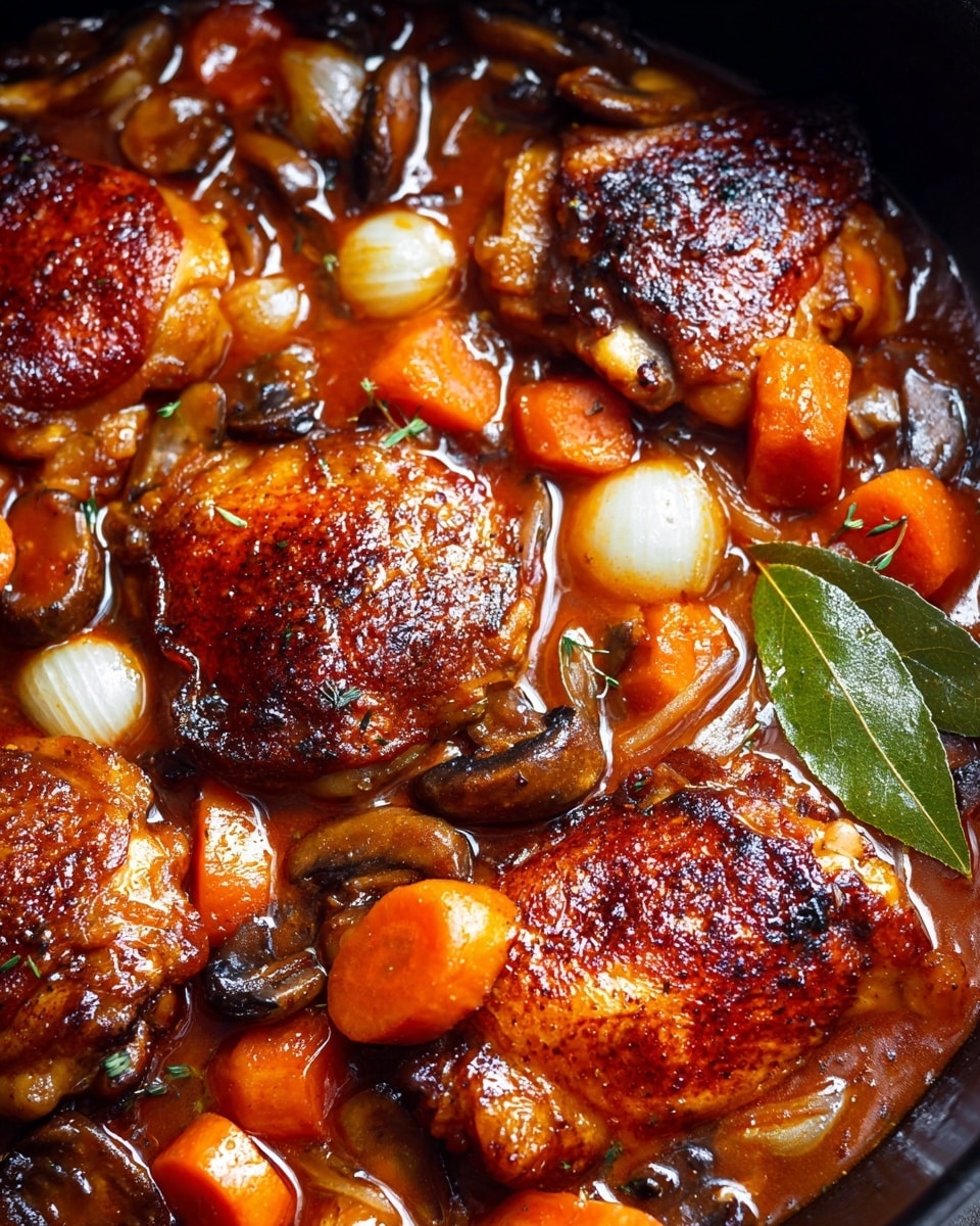 The image shows a close-up of a rich, hearty dish with three browned chicken thighs as the main layer, each with a crisp, golden-brown skin and slightly charred edges. Surrounding the chicken are several orange carrot chunks, small white pearl onions, and dark brown sliced mushrooms, all covered in a thick, glossy, reddish-brown sauce that glistens with moisture. A green bay leaf is visible near the center right, adding a touch of color contrast. The food is contained in a black cooking pan, with the dish's texture varying from the soft, tender vegetables to the crispy chicken skin. The photo taken with an iphone --ar 4:5 --v 7