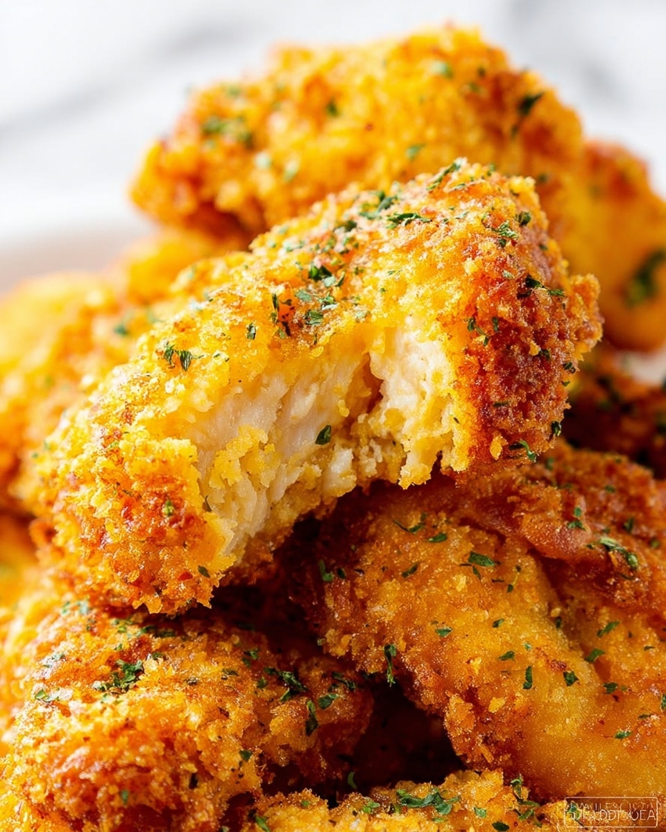 A close-up image of several golden-yellow, crispy fried chicken pieces stacked on each other, each piece showing a crunchy, coarse breadcrumb coating with a rough texture. The chicken is speckled with small bits of green herbs on the surface, adding contrast to the warm yellow color. The inside of the chicken is tender and moist, visible in a piece that is broken apart in the center, showing a light, soft texture. The background is a white marbled texture, emphasizing the rich golden colors of the chicken. photo taken with an iphone --ar 4:5 --v 7