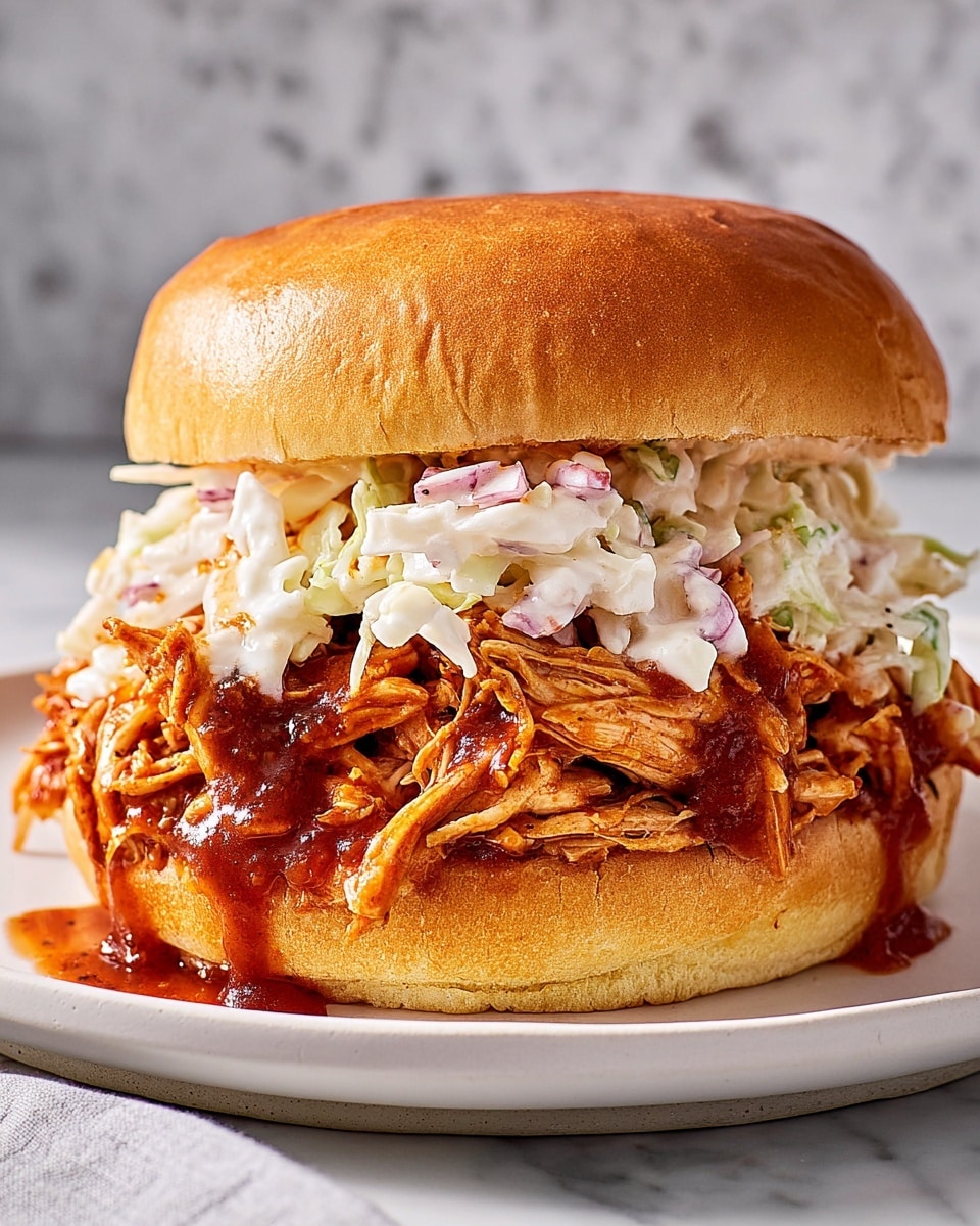 A pulled chicken sandwich is shown with three main layers on a white plate over a white marbled texture. The bottom layer is a soft, light brown sandwich bun. Above that is a thick, juicy layer of shredded chicken coated in a shiny reddish-brown barbecue sauce, with some sauce dripping down. The top layer consists of creamy coleslaw made of white and light purple shredded cabbage mixed with a white dressing, sitting under a glossy, golden brown sandwich bun top. Photo taken with an iphone --ar 4:5 --v 7