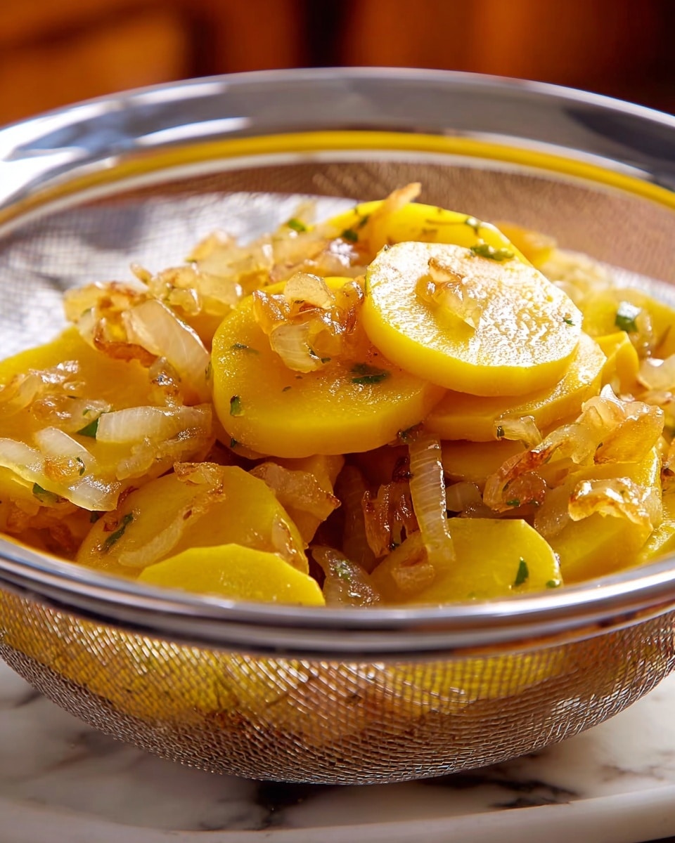 The image shows cooked yellow squash slices mixed with finely chopped, lightly browned onions. The yellow squash is cut into medium-thick round slices with a soft, slightly glossy texture, and the onions are translucent with crispy edges scattered on top and throughout. The dish is presented inside a fine mesh metal strainer placed over a clear glass bowl, allowing the cooked juices to drip down into the bowl underneath. The background is softly blurred with warm colors, and the surface below has a white marbled texture. photo taken with an iphone --ar 4:5 --v 7