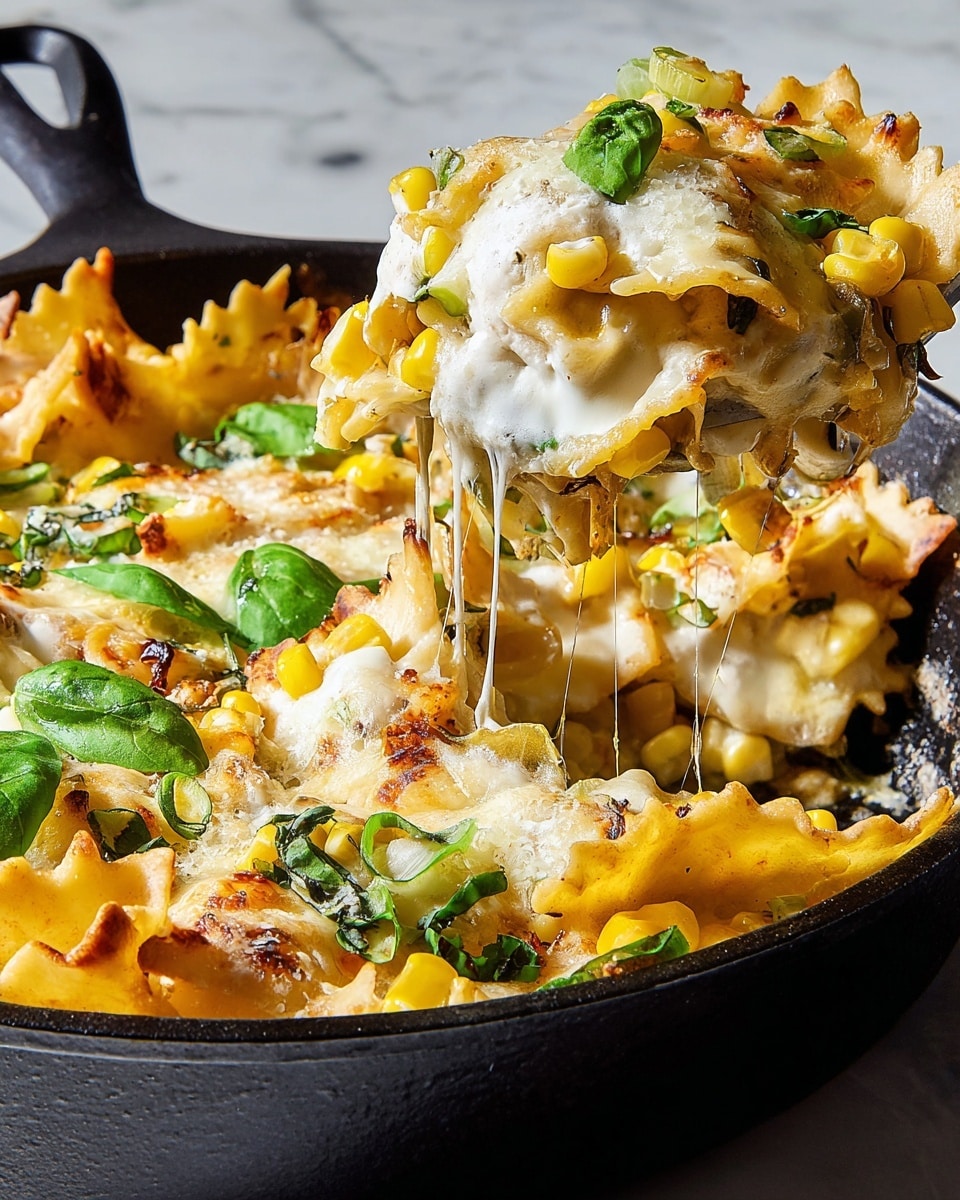 This image shows a close-up of a baked pasta dish served in a black cast iron skillet on a white marbled texture. The dish has layers of wide, wavy yellow pasta sheets with a slightly crisped edge, melted white cheese spread thick on top, and a creamy sauce blending all layers together. Scattered bright yellow corn kernels add color and texture, while fresh green basil leaves and small chopped green onions are sprinkled on top, adding freshness. A woman’s hand is lifting a spoonful of the pasta, showing the gooey cheese stretching and the pasta mixed with corn and herbs. Photo taken with an iphone --ar 4:5 --v 7