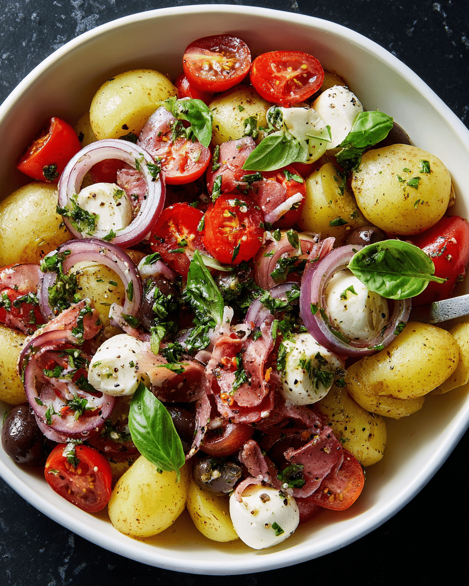 A close-up view of a mixed salad in a white bowl, showing about five layers of ingredients: the base layer has small, golden yellow potato halves with a smooth, slightly shiny texture; scattered on top are mixed layers of bright red cherry tomato halves, thin purple onion slices with translucent edges, and round white mozzarella cheese pieces with a soft texture. There are dark brown sliced olives and small pieces of marbled red and white cured meat spread evenly around the salad. Fresh green basil leaves and finely chopped green herbs are sprinkled all over, adding fresh color and texture. The salad looks lightly dressed with herbs and spices, giving it a slightly speckled appearance. Photo taken with an iphone --ar 4:5 --v 7