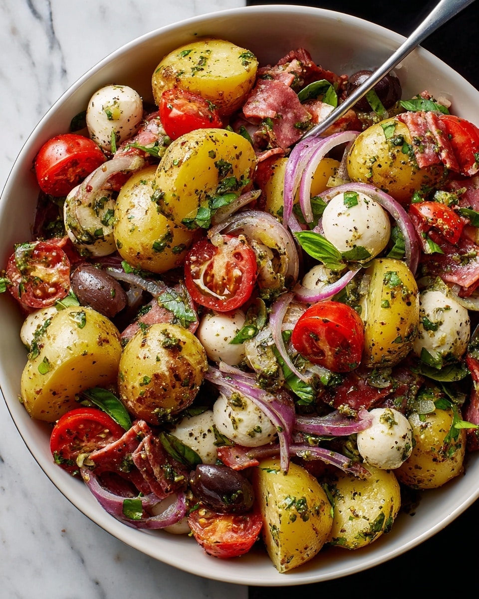 The image shows a colorful potato salad served in a white bowl on a white marbled surface. The salad has several layers: at the base there are whole and halved small yellow potatoes with a shiny, slightly oily texture mixed with herbs. Scattered on top are halved red cherry tomatoes, slices of red onion, whole green basil leaves, small white mozzarella balls, dark brown olive slices, and pieces of reddish cured meat. The ingredients are all mixed together with visible seasoning of black pepper and green herbs, giving a fresh and vibrant look. A metal spoon rests inside the bowl, slightly lifting some salad. photo taken with an iphone --ar 4:5 --v 7