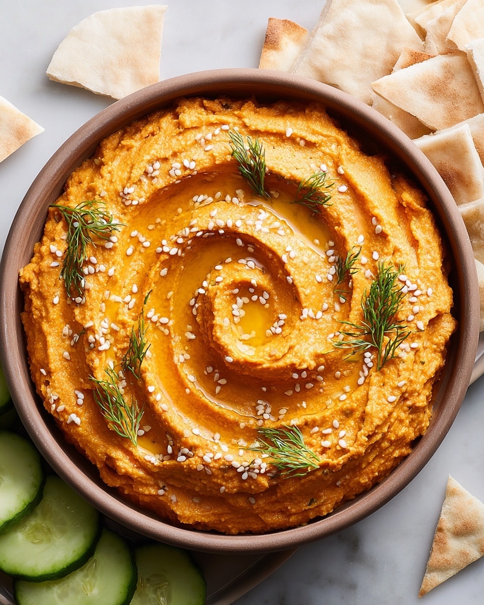 A round bowl filled with creamy orange hummus, swirled in a spiral pattern with a smooth, thick texture. The hummus is topped with small green dill leaves and white sesame seeds scattered evenly across the surface. Drizzled golden oil pools slightly in the center swirl. Two fresh cucumber slices rest on one side of the hummus, adding a bright green contrast. Around the bowl, there are several square pieces of golden-brown pita chips placed on a white marbled surface, with a small white bowl holding green dill sprigs in the corner. photo taken with an iphone --ar 4:5 --v 7