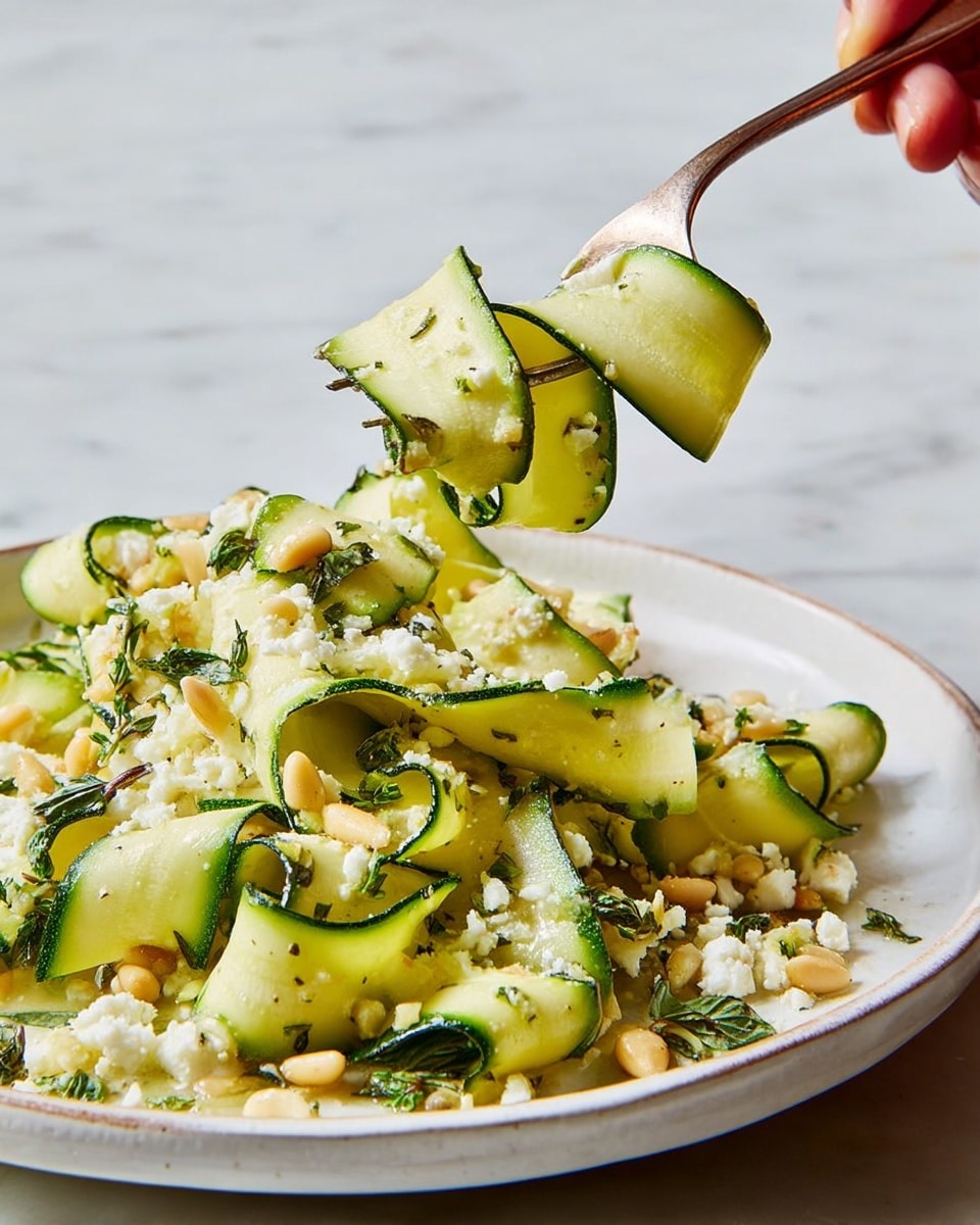 Thin, wide ribbons of light green zucchini with dark green edges are layered loosely on a white plate, mixed with small beige pine nuts scattered throughout. Crumbled white cheese dots the zucchini ribbons evenly, and some dark green leafy herbs are lightly mixed in. A woman's hand holding a fork lifts a few zucchini ribbons from the plate, showing their soft, slightly glossy texture. The scene is set on a white marbled surface. photo taken with an iphone --ar 4:5 --v 7