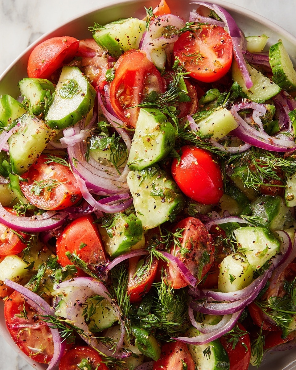 The image shows a vibrant salad with multiple layers of fresh vegetables. The bottom layer consists of green cucumber pieces with a smooth texture cut into small bite-sized chunks. Above it are bright red cherry tomatoes, some whole and some cut in half, with a glossy surface. Thin slices of purple-red onion are scattered throughout, adding a curly texture and color contrast. Fresh green herbs, such as parsley and dill, with delicate leaves, are mixed in evenly across the salad. The entire dish is sprinkled with coarse black pepper and finely chopped herbs, adding specks of dark and bright green. The salad rests on a white plate placed on a white marbled texture background photo taken with an iphone --ar 4:5 --v 7