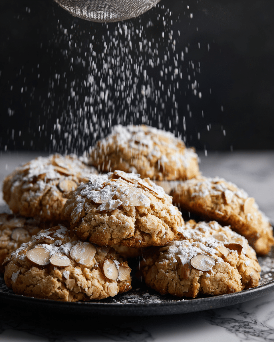 A close-up of a dark plate filled with about eight almond cookies that are rough and covered in sliced toasted almonds. Powdered sugar is gently falling from a metal sieve held above them, adding a dusting of white on the golden-brown cookies. The background is dark, making the cookies and powdered sugar stand out clearly, with the plate set on a white marbled texture. The cookies have a crumbly texture with visible almond slices layered on top. photo taken with an iphone --ar 4:5 --v 7