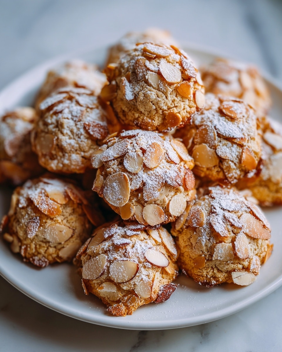 A close-up of small round baked treats piled on a white plate, each treat covered with golden-brown toasted almond slices all over their rough textured surface, lightly dusted with a fine layer of white powdered sugar, giving a soft contrast to the warm almond color, on a white marbled surface in soft warm lighting, photo taken with an iphone --ar 4:5 --v 7
