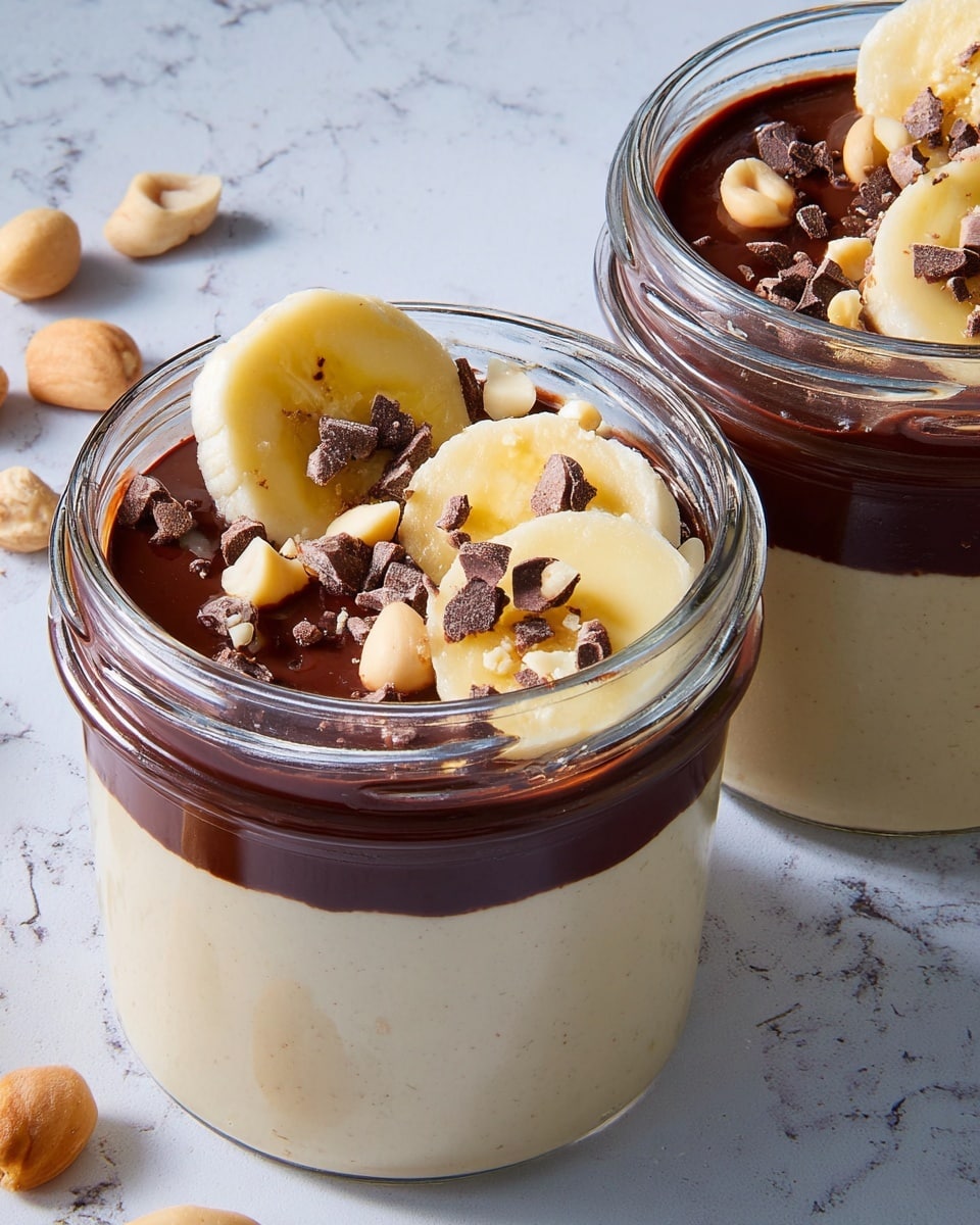 A small round glass bowl sits on a white marbled surface, filled with a smooth dark brown chocolate pudding as the first layer. On top, there are small chopped banana pieces with creamy beige color. Scattered over the banana are light tan roasted peanuts and small dark brown cacao nibs, adding texture and color contrast. Around the bowl, some peanuts and cacao nibs are loosely spread on the surface. Photo taken with an iphone --ar 4:5 --v 7