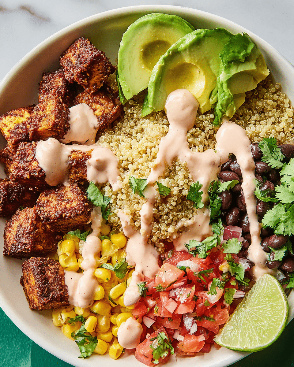 A white bowl filled with four main parts: at the top left are brown, crispy tofu cubes with a light pink creamy sauce drizzled; next to the tofu is a mound of light yellow quinoa with curls of the same pink sauce; to the right of the quinoa, two fresh green avocado slices rest over a mix of black beans, yellow corn, and green cilantro leaves; below the beans and corn is a colorful pico de gallo made from red diced tomatoes, white onion, green jalapeño, and cilantro. A lime wedge peeks in from the bottom right corner. The bowl is set on a white marbled surface. photo taken with an iphone --ar 4:5 --v 7
