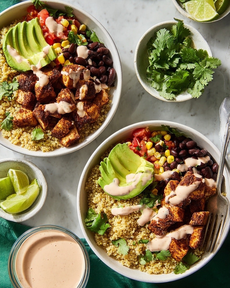 Two white bowls are filled with arranged layers of food. The first layer in each bowl is light yellow quinoa, followed by chopped grilled chicken coated in a dark brown spice, then a mix of black beans, corn, and green cilantro leaves. There is a portion of red and green tomato salsa next to the beans, and two slices of bright green avocado placed on the side. A light pink sauce is drizzled over the chicken and quinoa. One bowl has a fork resting on the edge. Around the bowls, there are small white dishes containing green lime wedges, fresh cilantro leaves, and extra pink sauce, all placed on a white marbled surface. photo taken with an iphone --ar 4:5 --v 7