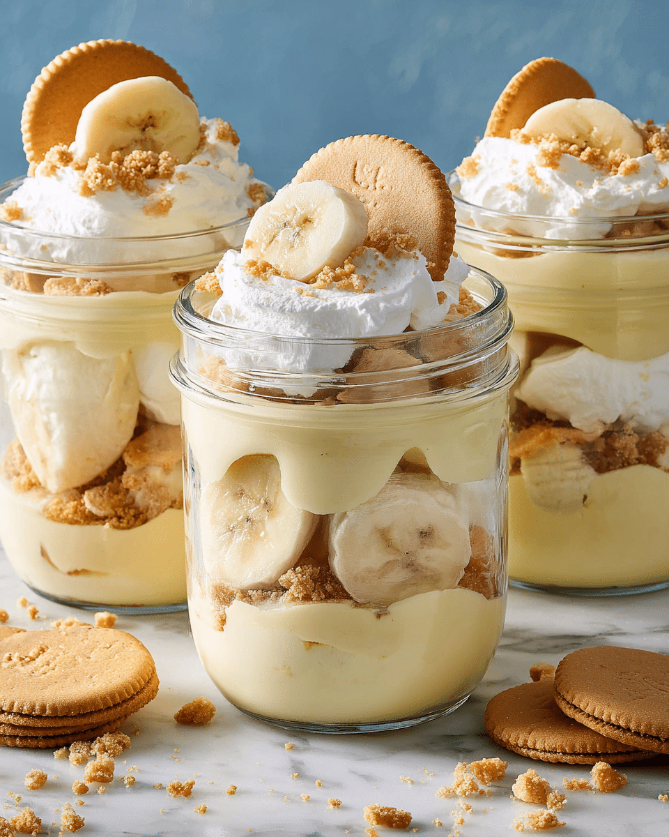 Three glass jars filled with a layered banana pudding dessert sit on a white marbled texture. Each jar has three main layers visible: a bottom layer of smooth, pale yellow pudding mixed with pieces of crushed light brown vanilla wafer cookies, a middle layer of sliced fresh bananas and more pudding, and a top layer of fluffy white whipped cream. The whipped cream is garnished with crumbled vanilla wafers, a whole vanilla wafer cookie slightly tilted, and a round banana slice standing upright. Extra vanilla wafer cookies are scattered around the jars on the white marbled surface. The background is a soft blue color. photo taken with an iphone --ar 4:5 --v 7