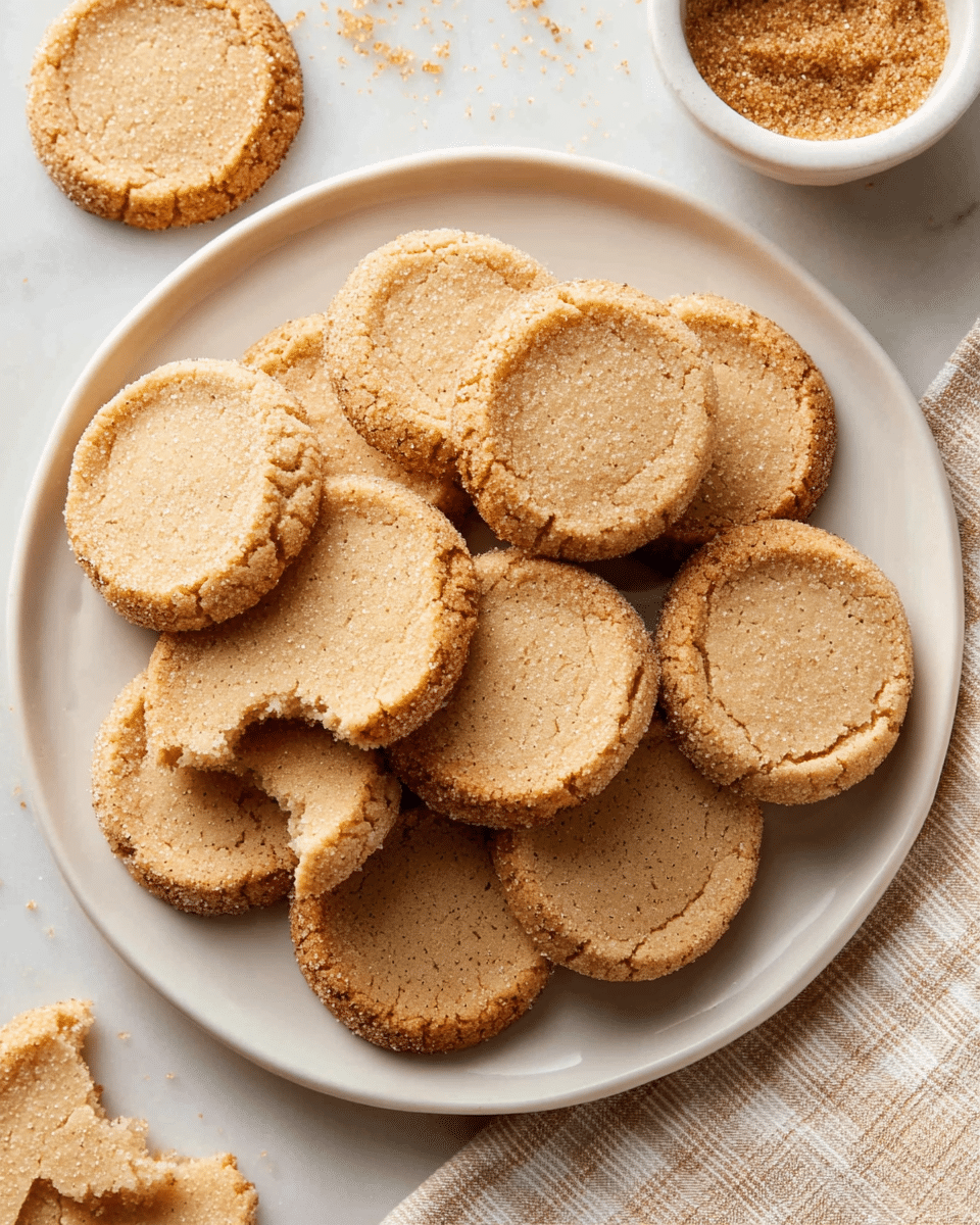 A white round plate holds about a dozen light brown cookies arranged in a slightly overlapping pile. Each cookie is round with a rough sugar-coated edge and a smooth, slightly cracked surface. One cookie near the center shows a bite taken out, revealing a soft, crumbly inside. Around the plate are a few more cookies scattered on a white marbled surface. To the top right, a small white bowl contains brown sugar, placed on a beige checkered cloth. The image has soft lighting that highlights the texture of the cookies. photo taken with an iphone --ar 4:5 --v 7