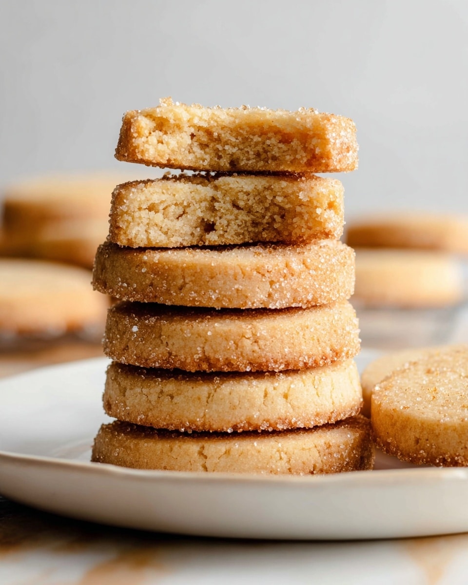 A stack of seven round shortbread cookies sits on a white plate placed on a white marbled surface. The cookies have a light golden-brown color with a slightly rough texture, showing sugar crystals sparkling on the edges. The top two cookies are broken in half, exposing a soft, crumbly inside with a dense texture. In the blurred background, more cookies can be seen lying flat. The lighting is soft, highlighting the golden tones and texture of the cookies. Photo taken with an iphone --ar 4:5 --v 7
