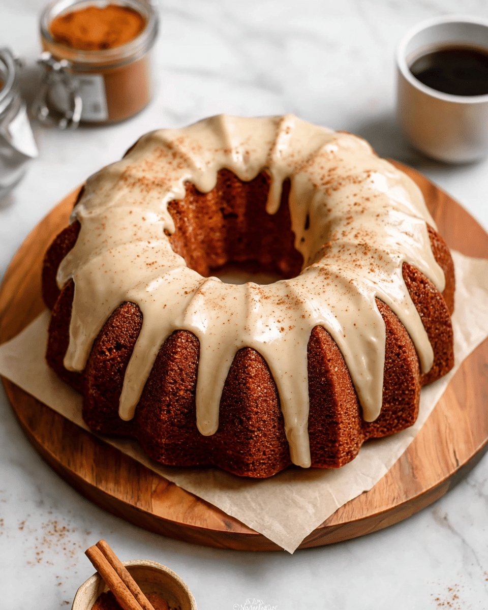 A brown bundt cake with a smooth, light cream glaze dripping over the ridges, covering about half of the top and flowing down unevenly along the sides, is placed on a square piece of beige parchment paper on a round wooden board. The cake has a slightly rough texture, and the glaze is sprinkled lightly with cinnamon powder adding small brown specks. The background shows part of a white marbled surface with a small open container of cinnamon powder on the left and a small cup of coffee on the right edge, both slightly out of focus. photo taken with an iphone --ar 4:5 --v 7