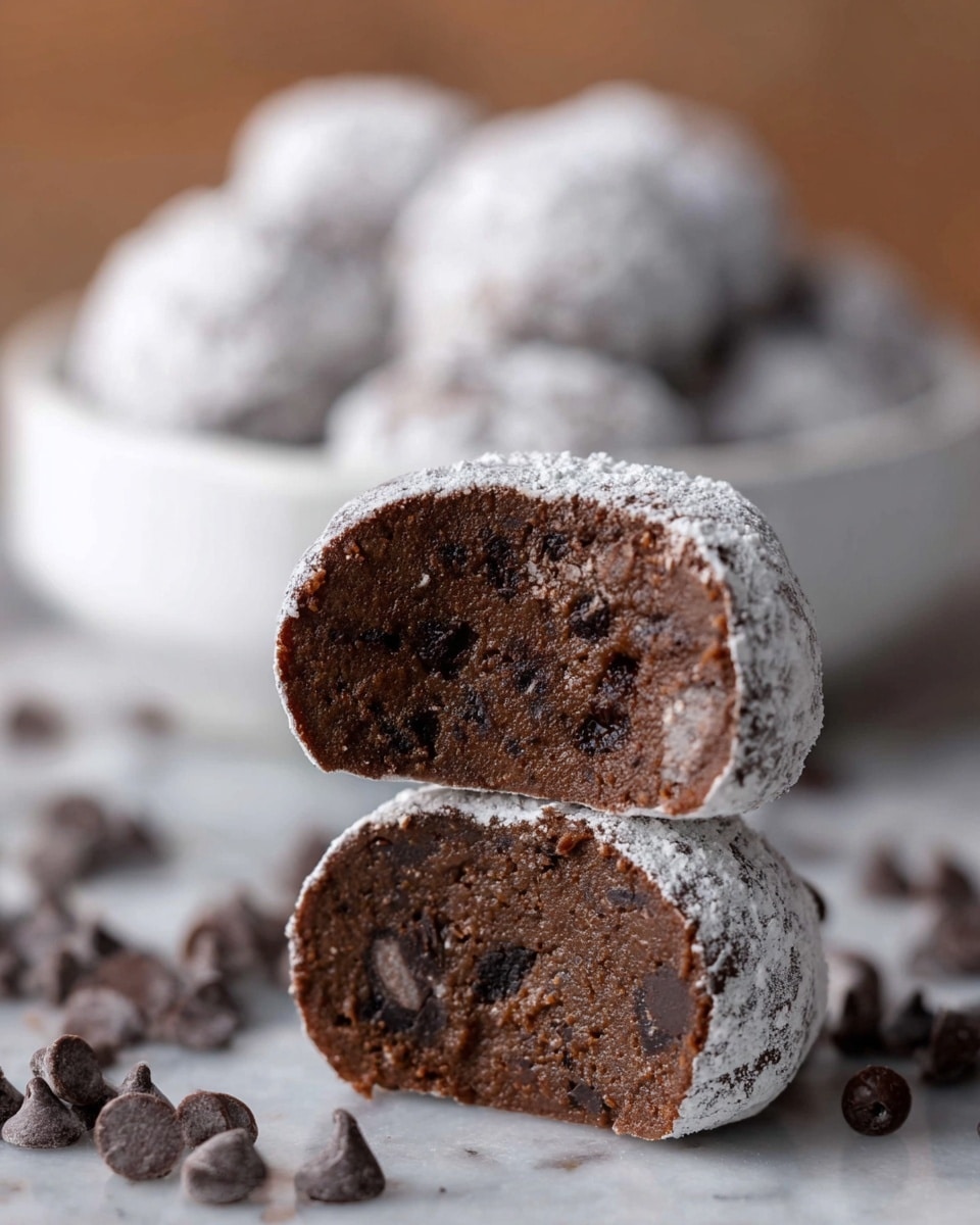 The image shows a close-up of two halves of a round chocolate dessert with a thin white powdered sugar coating on the outside. Inside, the dessert is dark brown with visible chunks of chocolate pieces scattered throughout. The halves are stacked in front of a white bowl filled with more powdered sugar-coated desserts in the background, with some chocolate chips scattered on the white marbled surface in front. The texture of the dessert looks soft and moist, while the powdered sugar coating gives a slightly rough appearance. photo taken with an iphone --ar 4:5 --v 7