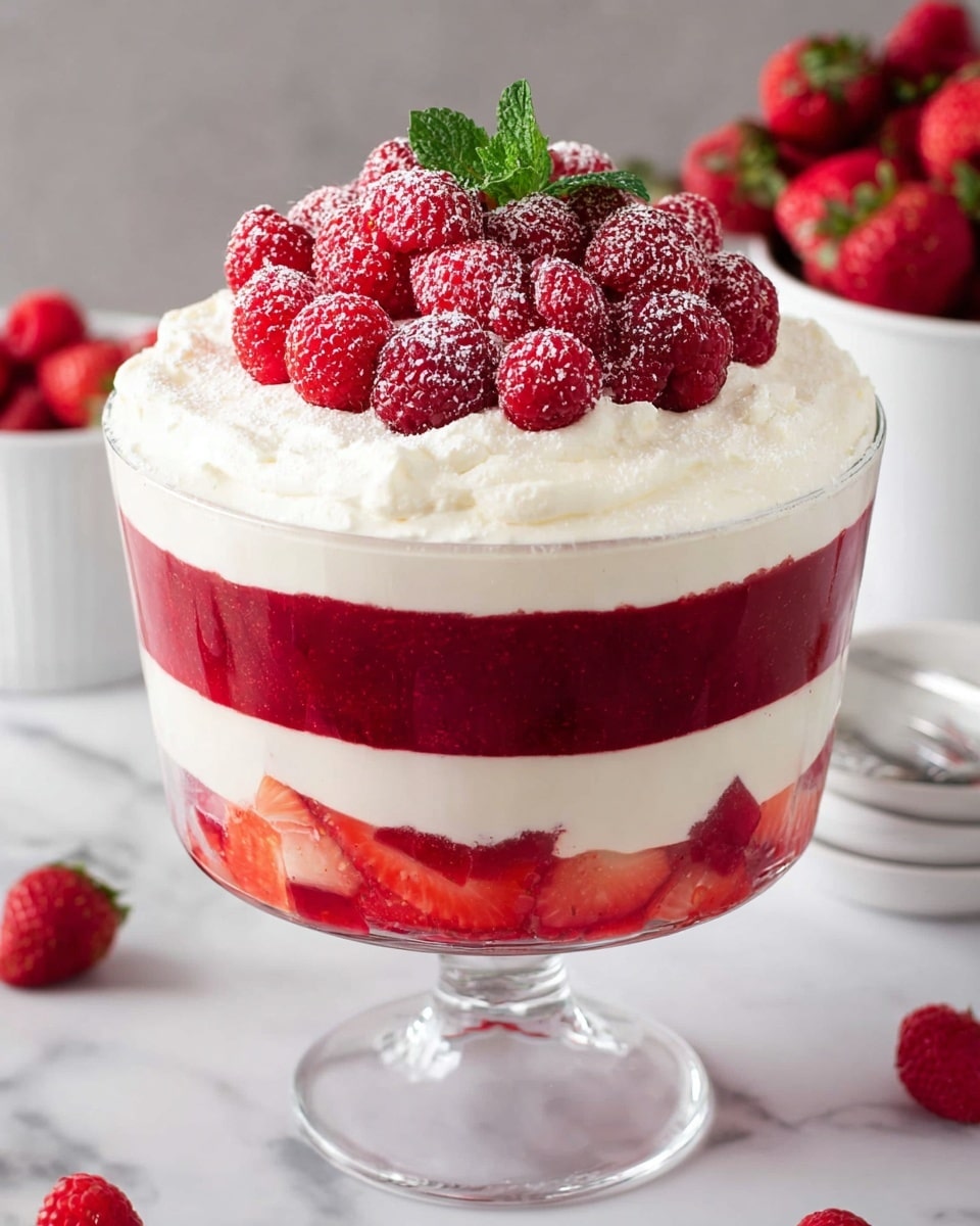 A glass dessert bowl placed on a white marbled surface holds a four-layer trifle. The bottom layer is bright red jelly, above it is a white creamy layer, followed by a thicker red fruit layer with a coarse texture, and topped with a swirl of smooth white whipped cream. On top of the whipped cream sits a pile of fresh red raspberries and strawberries, some halved, dusted lightly with powdered sugar and decorated with a small green mint leaf. Whole strawberries and raspberries are scattered on the surface around the bowl. Photo taken with an iphone --ar 4:5 --v 7