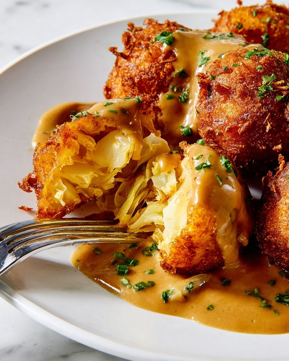 The image shows a close-up of fried food pieces with a rough, golden crispy outer layer. One piece is cut open revealing soft, light yellow layers inside that look like cooked cabbage or lettuce. The crispy pieces are covered partially with a thick light brown sauce that has a smooth texture, topped with small green herb bits scattered over. A silver fork rests under one piece on the white plate, and the background is a white marbled surface. photo taken with an iphone --ar 4:5 --v 7