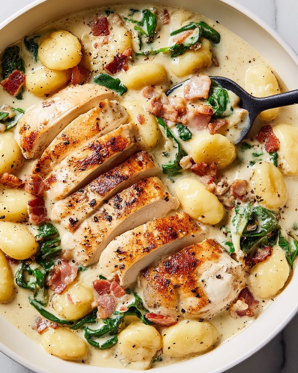 The image shows a close-up of a creamy dish with three sliced grilled chicken breasts arranged on top, their light brown, slightly charred edges visible. Yellow gnocchi pieces are scattered around and between the chicken slices, creating a soft, pillowy texture. Small pieces of red-brown bacon and dark green spinach leaves are mixed into the thick, pale cream sauce that fills the white bowl. A black spoon scoops up some gnocchi, spinach, and bacon, dipping into the creamy sauce. The dish is sprinkled with coarse black pepper, adding contrast to the light colors. The bowl rests on a white marbled surface. photo taken with an iphone --ar 4:5 --v 7