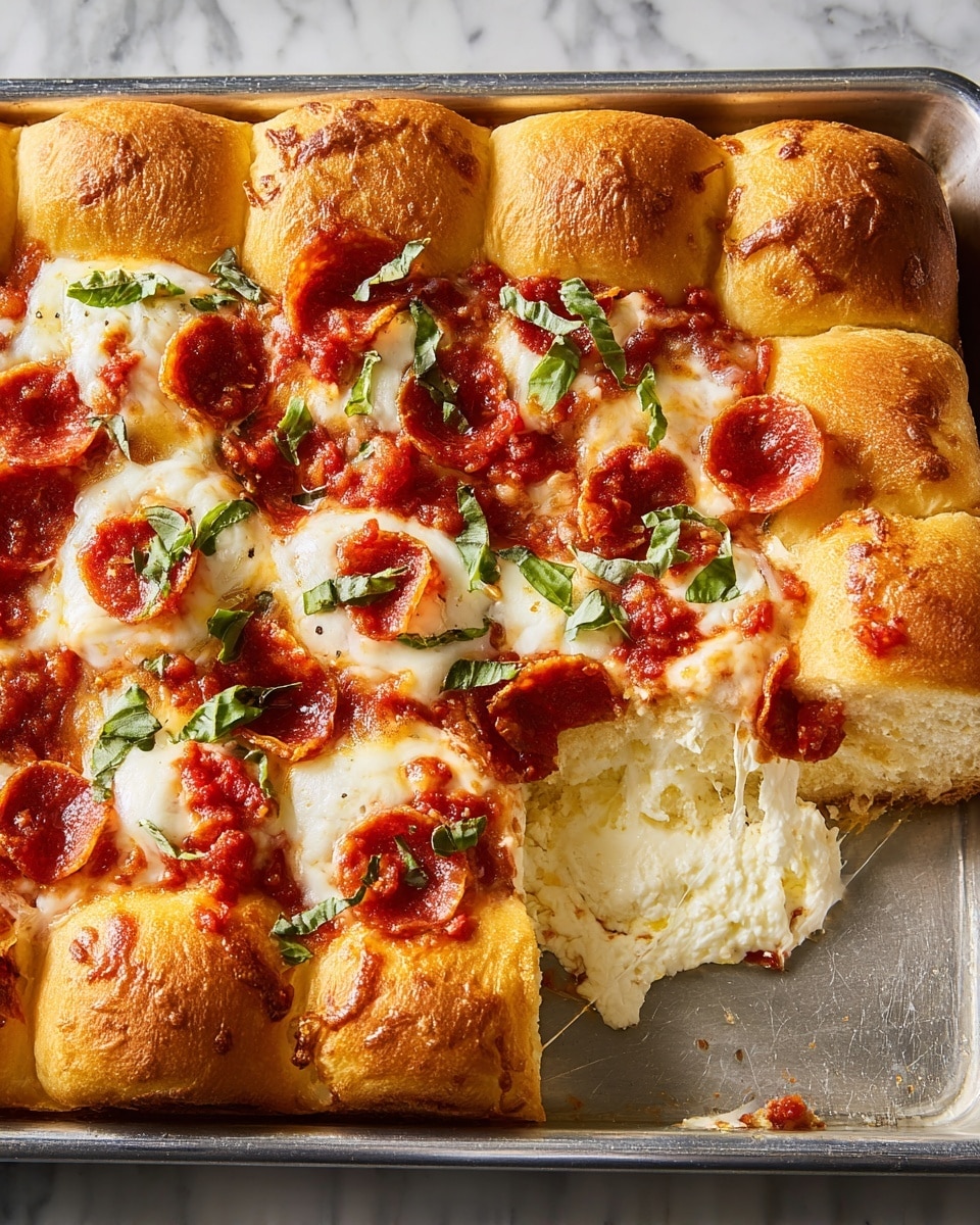 A rectangular pizza with a thick golden-brown crust made of soft, pull-apart bread rolls surrounds the edges. The main pizza area has melted white mozzarella cheese mixed with red tomato sauce, topped with small round slices of pepperoni and scattered green basil leaves. Inside the crust, there is a layer of creamy white cheese filling that looks soft and rich. A slice is missing in the bottom right corner, revealing gooey melted cheese stretching outward. The pizza sits on a metal tray placed over a white marbled surface. Photo taken with an iphone --ar 4:5 --v 7
