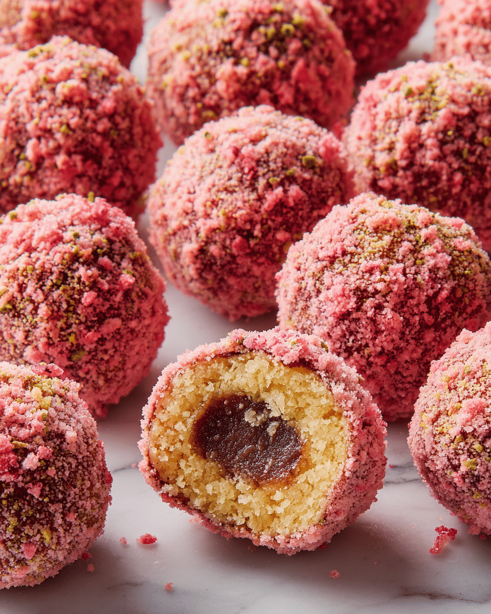 A close-up view of round dessert balls arranged tightly together on a white marbled surface, each covered with a crumbly pink coating mixed with tiny green and darker red bits for texture. One of the balls is cut open at the front, showing three distinct layers: the outer pink crumbly layer, a medium soft light yellowish dough layer beneath it, and a dark brown, smooth filling in the center. The surface has scattered crumbs matching the outer layer's color, adding to the texture. photo taken with an iphone --ar 4:5 --v 7