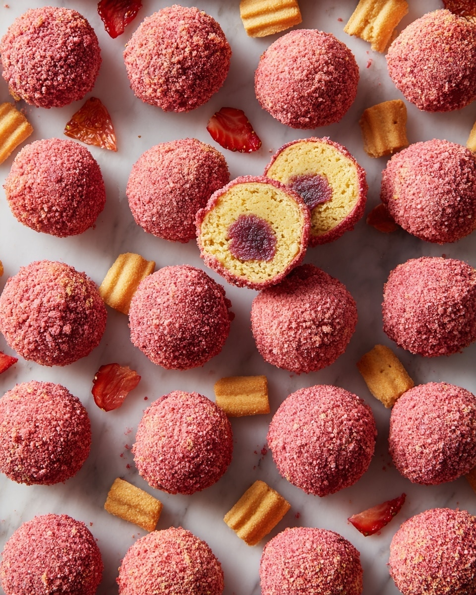 This image shows 42 round truffle balls arranged in a grid on a white marbled surface. Each ball is covered with a crumbly bright pink coating that looks like crushed freeze-dried strawberries or cookies. One ball near the center is cut open to show three layers: the outer pink crumbly layer, a pale yellow soft layer inside, and a dark red or purple filling center. Scattered around the balls are pieces of yellow sandwich cookies and dried strawberry slices, adding more color and texture to the scene. The photo taken with an iphone --ar 4:5 --v 7